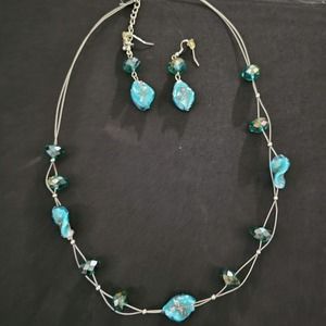 Vintage Blue Glass Bead Earring Necklace Set